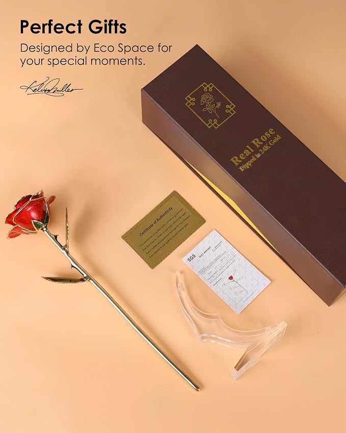 Gold Dipped Rose - Hand-Dipped Real 24K Gold Rose - Genuine One of a Kind - Eternal Romantic Present for Her - Perfect for Valentines, Mother's Day, Anniversary, Birthday (Red)