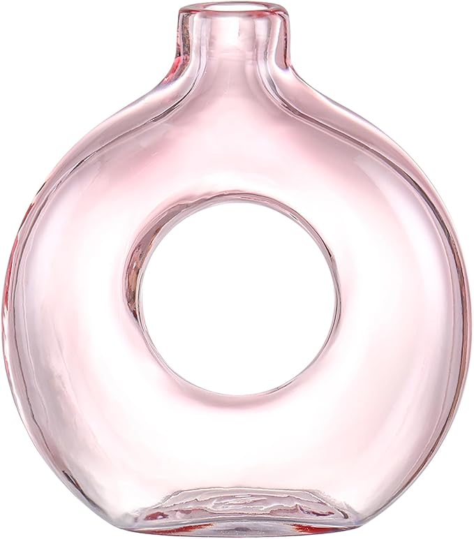 Glass Vase, Donut Vase, Pink Glass Vase, Flower Vase, Decorative Vase, Modern Vase, Round Glass Vase for Home, Living Room, Dining Table, Entryway, Mantle, Shelf, Wedding, Office, Coffee Table
