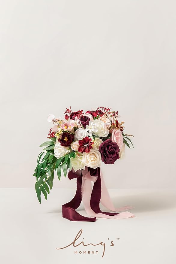 Ling's moment Burgundy Bridal Bouquet for Bride, 13 Inch Romantic Marsala Wedding Bouquets for Bride, Silk Round Artificial Wedding Flowers Bouquets