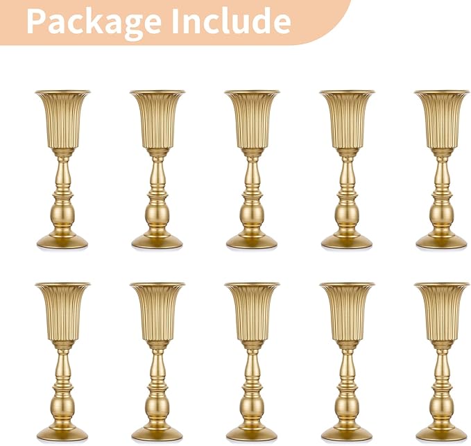 Nuptio Pcs of 10 Metal Trumpet Vase Elegant Wedding Centerpieces Vase for Party Decoration, 31.9cm/12.56" Tall Artificial Flower Arrangements for Anniversary Ceremony