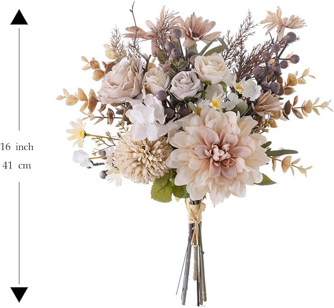 16-inch Artificial Fake Flowers Silk Table Arrangements Faux Plastic Floral Centerpieces for Home with Roses, Dandelions, Daisies, Hydrangea, Eucalyptus, Chrysanthemums and Hollyberries