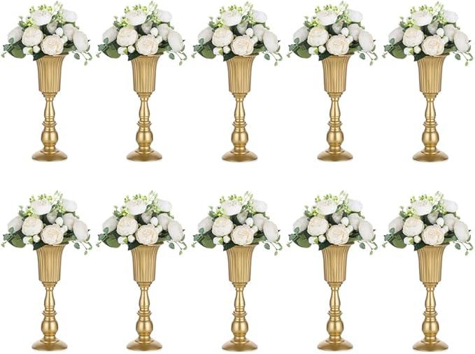 Nuptio Pcs of 10 Metal Trumpet Vase Elegant Wedding Centerpieces Vase for Party Decoration, 31.9cm/12.56" Tall Artificial Flower Arrangements for Anniversary Ceremony