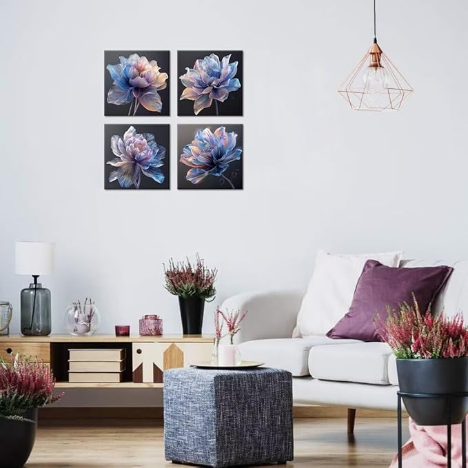 Pankila Blue Flower Wall Art for Living Room Bedroom Bathroom Floral Poster Abstract Canvas Flowers Wall Decor Life Pictures Home Decorations Framed Artwork Ready to Hang (20''W x 20''H x 4)