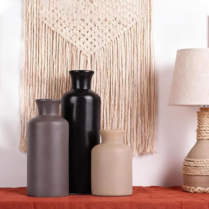 Ceramic Vase Set of 3 – Modern Neutral Vases for Home Decor, Rustic Farmhouse Pottery Vases for Pampas Grass, Dried Flowers, Centerpiece Table Decor, Living Room, Kitchen, Bedroom, Bathroom