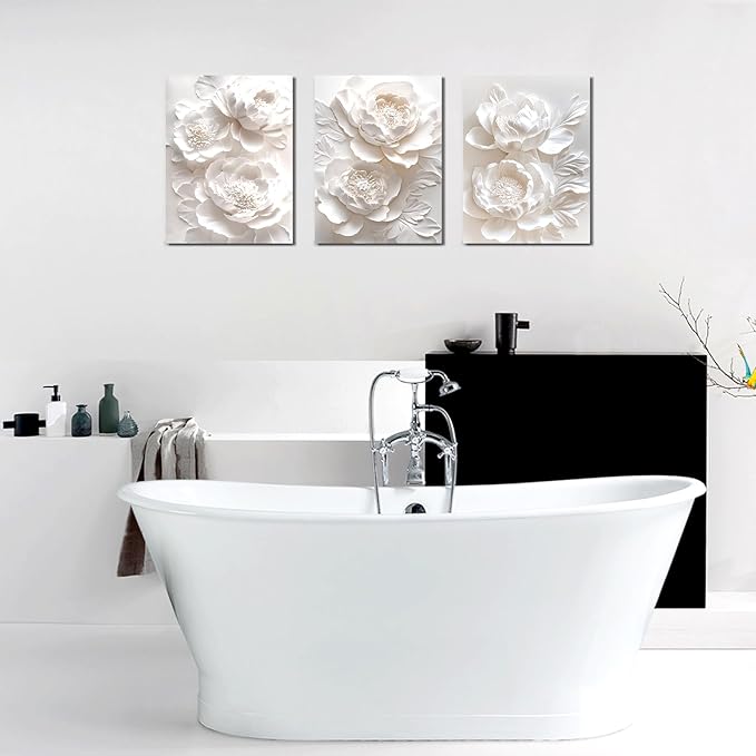 Sepwrol White Flower Canvas Wall Art Modern Abstract Rose Blooming Floral Textured Printing Artwork for Home Bedroom Living Room Wall Decor, 12"x16" 3 Panel (White-2)