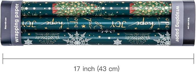 WRAPAHOLIC Christmas Wrapping Paper Roll - Mini Roll - 3 Rolls - 17 Inch x 120 Inch Per Roll - Green Christmas Tree and Snowflake Holiday Design with Metallic Foil Shine