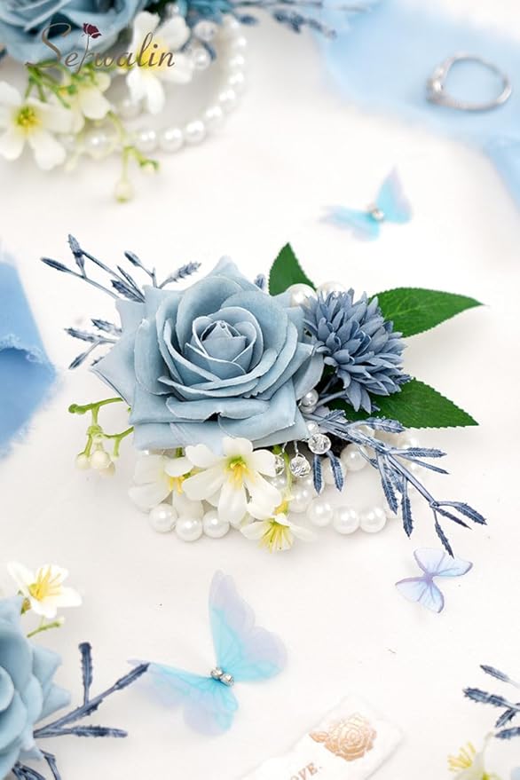 Serwalin 6 PCS Wrist Corsages for Wedding, Girl/Mother Bride Bridesmaids Corsages Wristlet Decor for Prom Wedding Anniversary Homecoming (Blue & Dusty Blue)