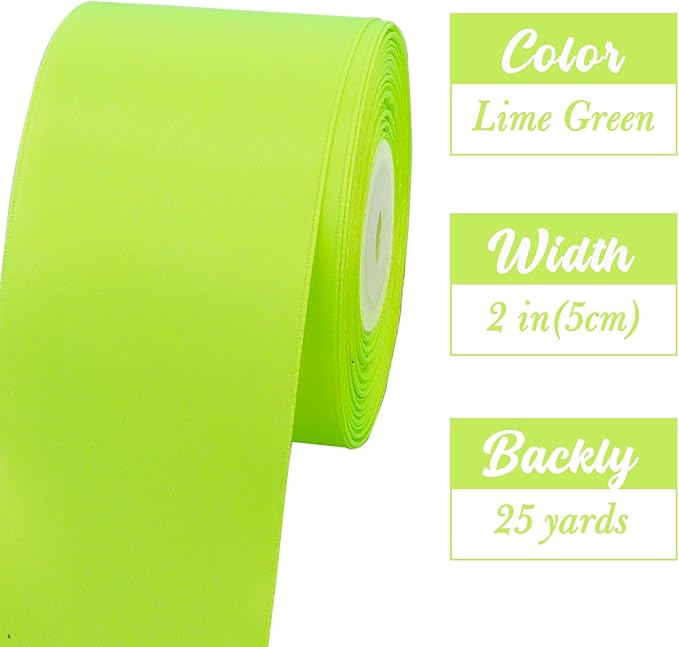 TONIFUL 2 in x 25 Yds Wide Fluorescent Apple Green Satin Ribbon Solid Fabric Ribbons Roll for Crafts Chair Sash Valentine's Day Gift Wrapping Invitation Cards Floral Bows Sewing Party Wedding
