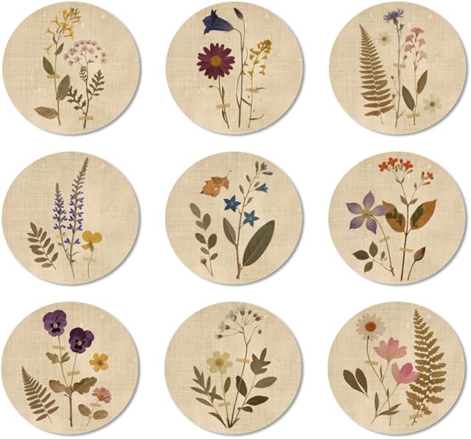 ANATTASOUL Coasters Set of 9 Vintage Flowers and Plants Pattern Colorful Wooden Coasters Bulk Round Housewarming Gift for New Home, 3.9" Decorative Coffee Table Protection for Farmhouse Bar Decor