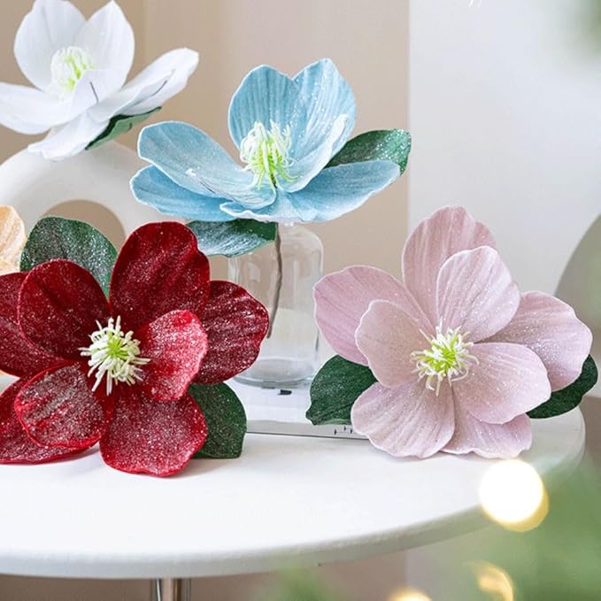 Artificial Magnolia Flowers with Glitter, Foldable Christmas Tree Decor, for Vase Arrangements, Gold