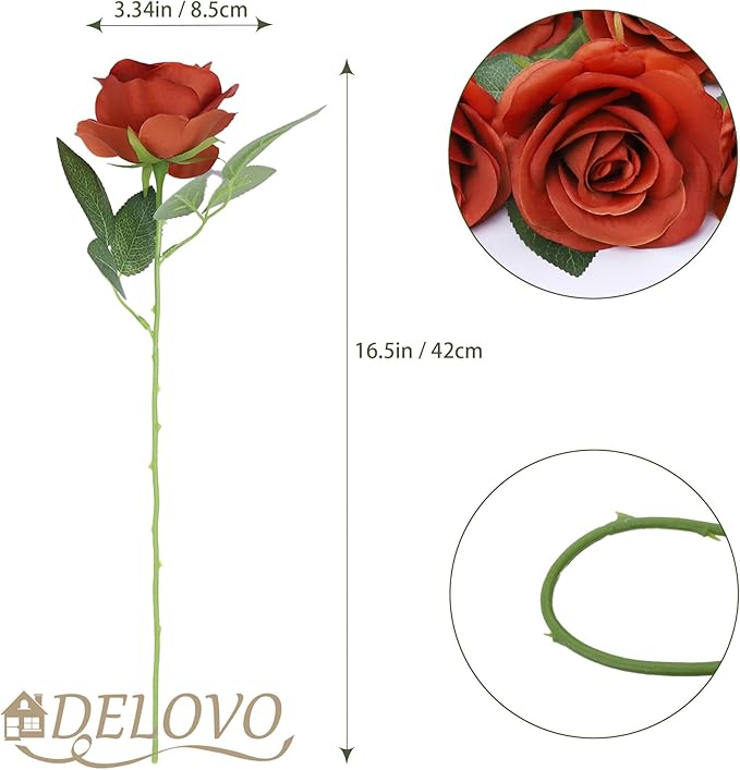 52pcs Burnt Orange Roses Artificial Flowers Fake Flowers Silk Roses with Stems for DIY Wedding Bouquets Bridal Shower Centerpieces Arrangements Party Decorations
