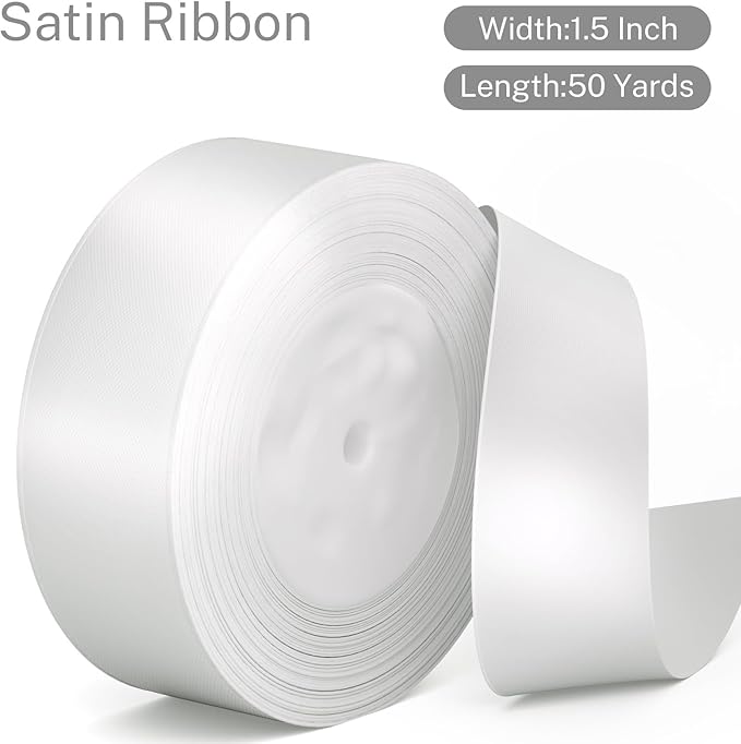 White Satin Ribbon 1-1/2 inch, 50 Yards Solid Fabric Ribbons for Flower Bouquet Wedding Invitations Crafts Wrapping Bow Making Party Home Decoration