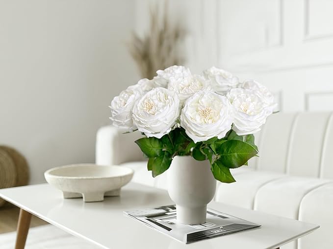 YalzoneMet 3.5'' Big Bloom White Rose Artificial Flowers 4Pcs Real Touch Rose Faux 17.7 Inch Long Stem Austen Roses Peonies Fake Flowers for Home Kitchen Party Christmas Flower Wedding Decor