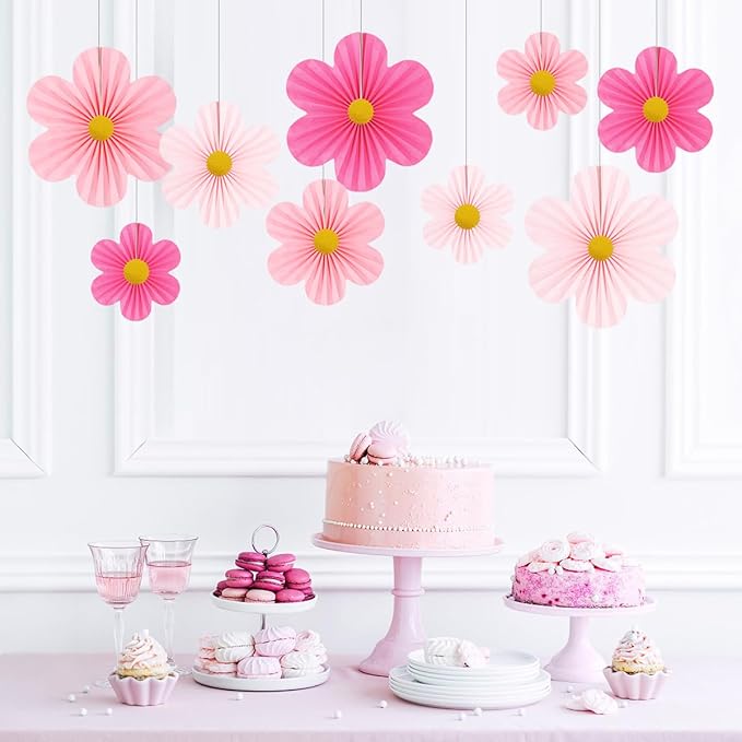 Pink Party Decorations Paper Flowers Decorations for Wall Classroom Paper Fans Floral Backdrop Flower Wall Decor Pack of 9 Pink
