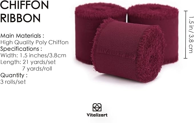 Vitalizart Burgundy Red Handmade Chiffon Silk Ribbon Fringe 3 Rolls 1.5" x 21 Yd Frayed Edges Ribbons for Wedding Invitations Bridal Bouquets Gifts Wrapping Crafts Holiday Decor