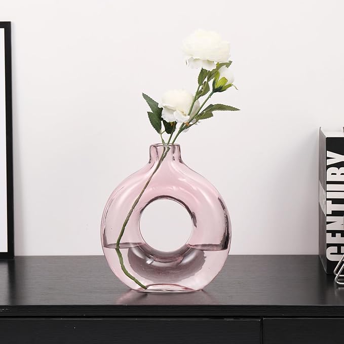 Glass Vase, Donut Vase, Pink Glass Vase, Flower Vase, Decorative Vase, Modern Vase, Round Glass Vase for Home, Living Room, Dining Table, Entryway, Mantle, Shelf, Wedding, Office, Coffee Table
