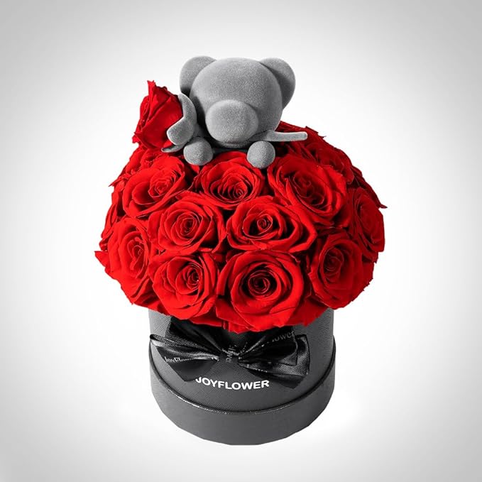 JoyFlower Preserved Real Rose in Acrylic Box, Forever Flowers Red Rose Bear Gift for Women Wife Girlfriend Mom Grandma, Eternal Rose Gifts for Birthday, Anniversary, Christmas, Valentines Mothers Day