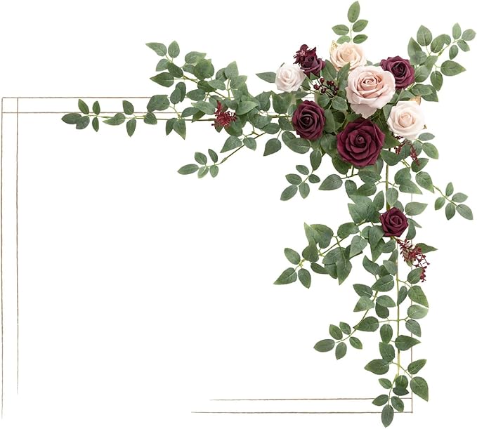 Ling's moment Wedding Artificial Welcome Sign Flowers Swag Arch Floral Garland Decorations Marsala Blush Ceremony Reception Entrance Entryway Party Banquets Easel Wall Home Outdoor(NOT Include Sign)