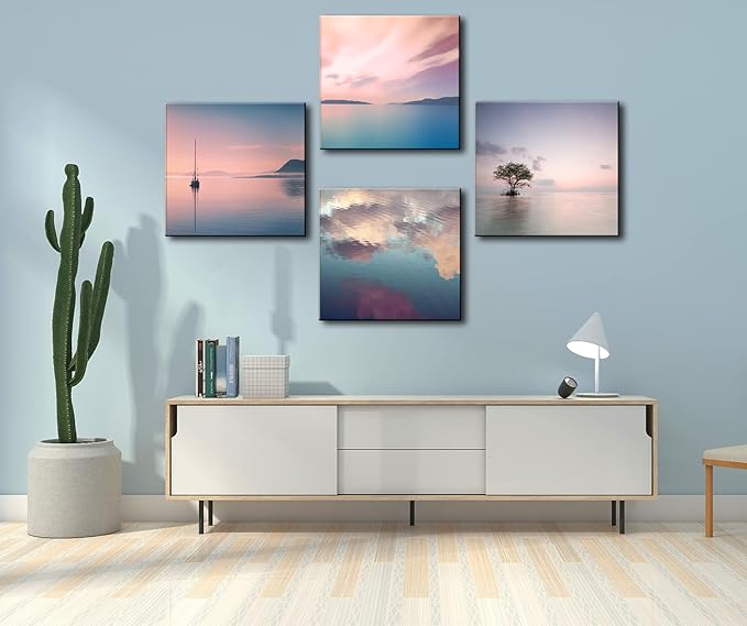dgbtcart Romantic Sunset Beach Canvas Wall Art - Ocean Pictures Prints Colorful Seascape Painting Artwork for Bedroon Living Room, Bathroom - Office Kitchen Wall Decor 16"x 16" x 4 Panels