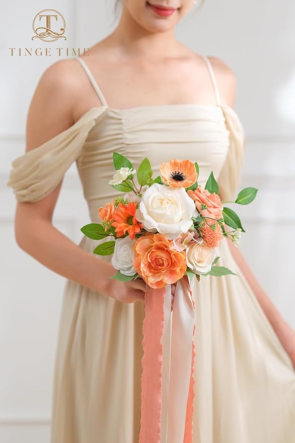 TINGE TIME Bridesmaid Bouquets for Wedding Set of 6 CoralPink & Champagnee 7 Inch Wedding Bouquets Artificial Silk Flowers Bridal Bouquets for Bridesmaids, Wedding Decor, Anniversary