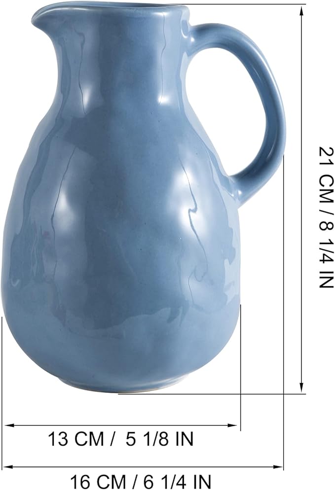 Blue Ceramic Vase with Handle, Pitcher Vases for Modern Farmhouse Home Decor, Small Pottery Flower Jug for Living Room Bedroom Kitchen Office Shelf Decor Centerpiece Table Decoration