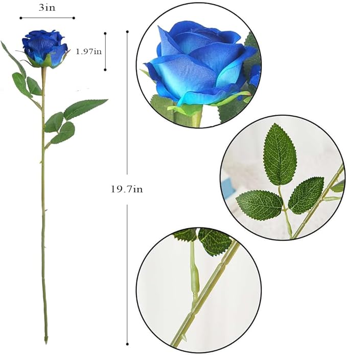 Jasion 12PCS Artificial Roses Realistic Velvet Silk Flowers Long Stem Faux Flowers Bouquet for Wedding Home Party Table Centerpieces Decorations (Blue)