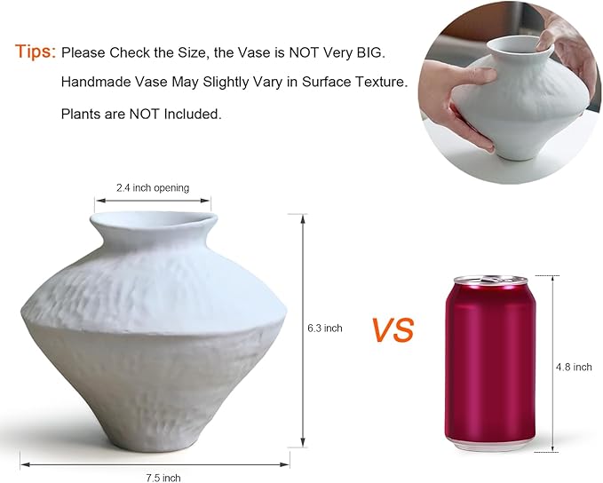 GeLive Rustic White Ceramic Vase, Handmade Vintage Pottery Jar, Table Centerpiece Flower Vase Porcelain Waterproof for Fresh Dried Plants, Farmhouse Wabi Sabi Art Home Decor