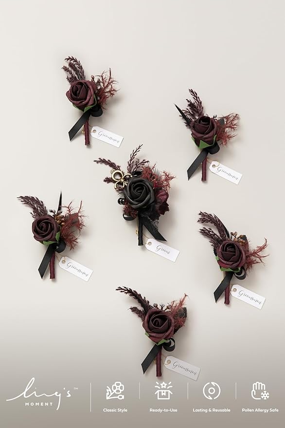 Ling's Moment Boutonniere for Men Wedding,Set of 6 , Groom and Groomsmen Boutonniere for Wedding Homecoming Halloween Ceremony Anniversary, Dinner Party, Prom Flowers and Fall Vintage Wedding