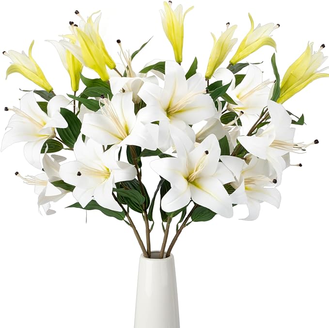 2PCS 37.7Inch White Artificial Lily Flowers With 10 Heads Lilies Faux Flowers for Floor Vase Wedding Home Party Indoor Table Hotel Office Vases Floral Arrangements Outdoor Party Garden Decor(White)