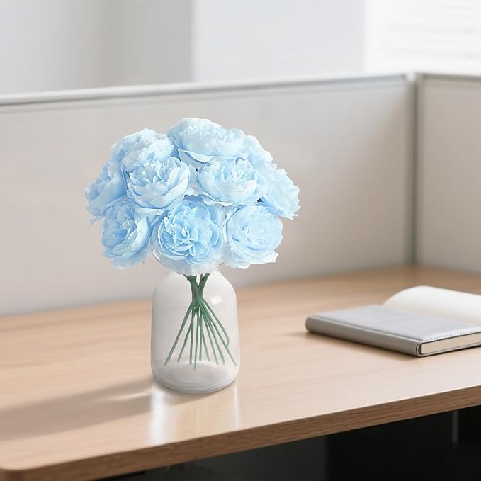 12 PCS Artificial Silk Blue Peony Flowers with Stems - 8 Inch Fake Peony Bouquet for Wedding, Home Decor, Office Table, Festival Gifts