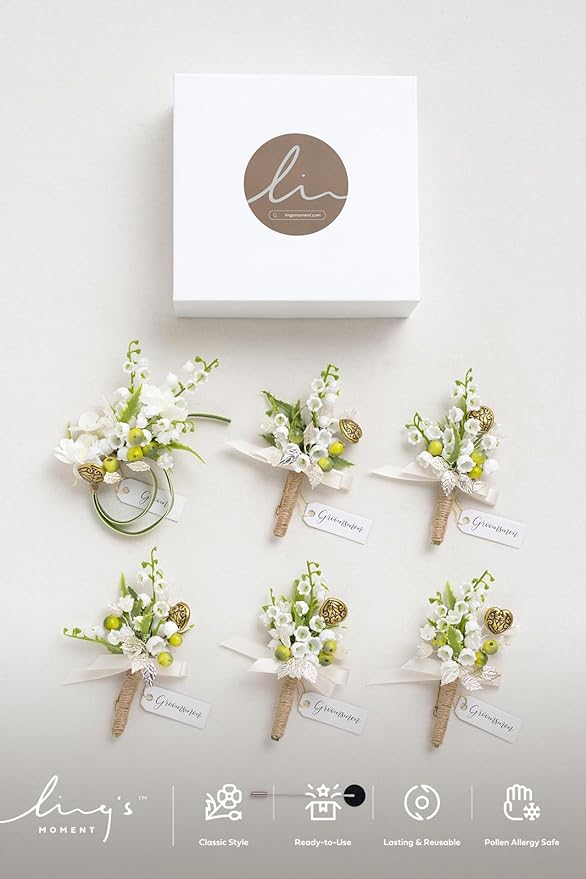 Ling's moment Boutonniere for Men, 6pcs Groom Groomsmen Boutonniere, Artificial Flowers for Wedding Decor/Prom/Homecoming, etc.White Lily & Olive