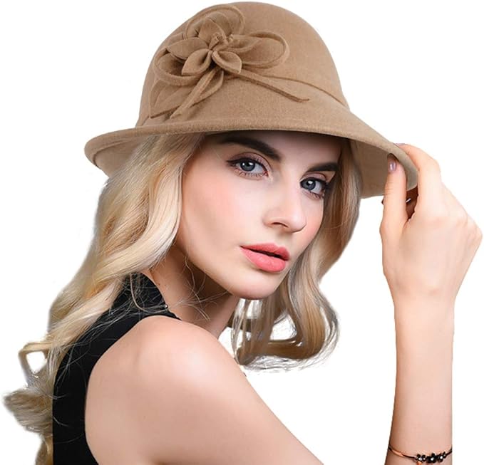Bellady Women's Elegant Flower Wool Cloche Bucket Bowler Hat