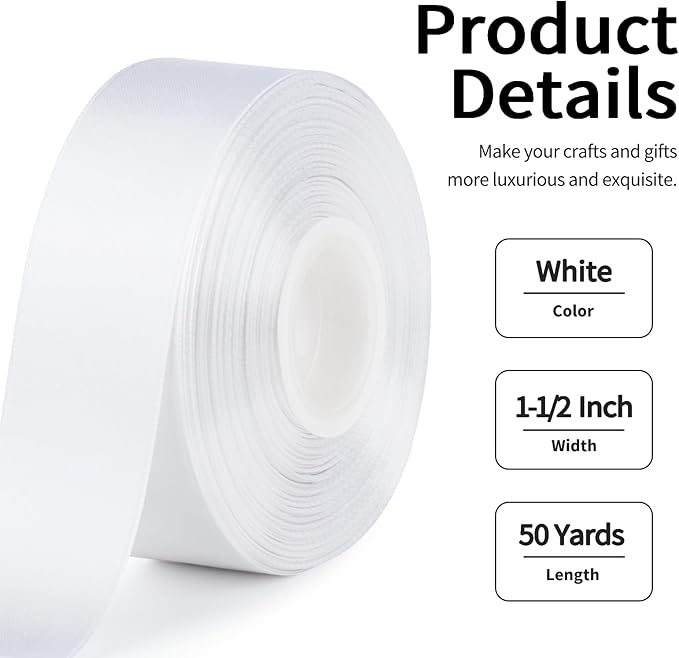 1-1/2 Inch Wide White Satin Ribbon, 50 Yards Solid Polyester Fabric Ribbon for Roses Making, Gift Wrapping, Christmas, Wedding Decorations, Crafts, Bows