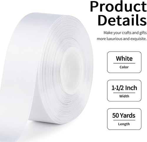 1-1/2 Inch Wide White Satin Ribbon, 50 Yards Solid Polyester Fabric Ribbon for Roses Making, Gift Wrapping, Christmas, Wedding Decorations, Crafts, Bows