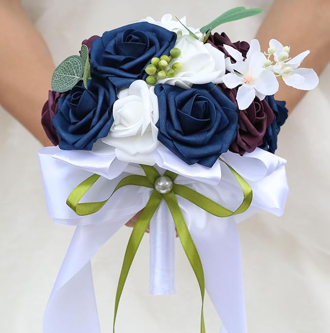 Lightweight Bridal Wedding Bouquet Round Holding Bouquet Throw Toss Artificial Rose Flower Bunch for Bride Bridesmaid Wedding Quinceanera (White, Navy & Dark Puce, 9.1")
