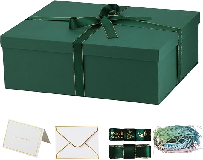 YINUOYOUJIA Large Gift Box with Lid 16.5x13x5.5 inches,Boxes for Christmas Presents,Contains Card,2 Roll Ribbons,Shredded Paper Filler.
