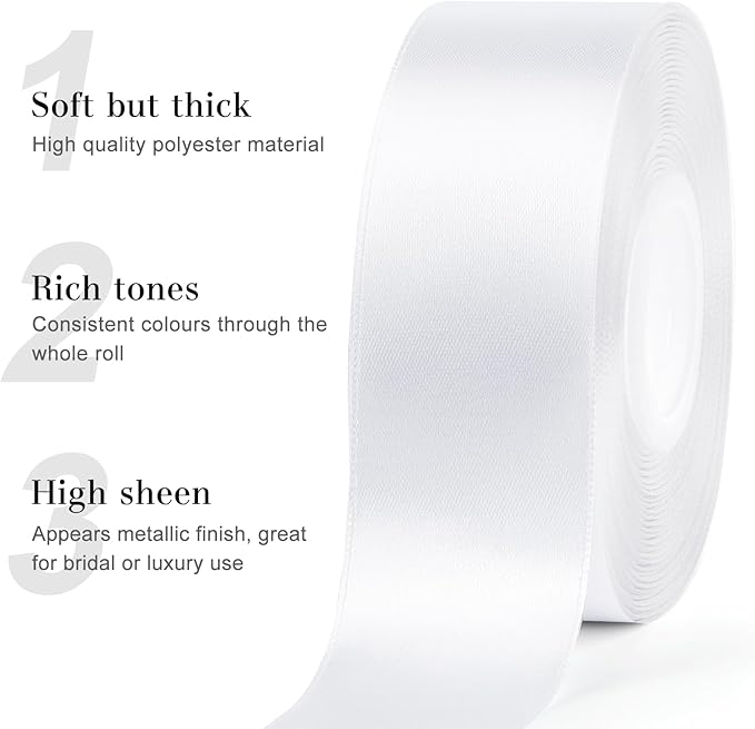 1-1/2 Inches 50 Yards White Satin Ribbon, Solid Fabric Ribbon Roll for Flower Bouquets, Gift Wrapping, Wedding, Handmade Crafts