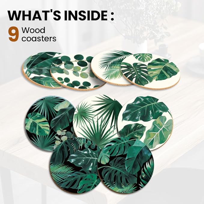 ANATTASOUL Coasters Set of 9 Tropical Leaves Pattern Colorful Wooden Coasters Bulk Round Housewarming Gift for New Home, 3.9" Decorative Coffee Table Protection for Farmhouse Bar House Decor