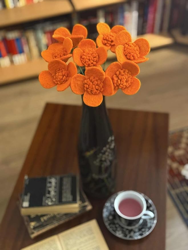 Glaciart One Felt Flowers Artificial Poppies - 8 pcs | Reusable, Washable and Essential Oil Ready Bouquet w/Bendable Long Wire Stem | Great as Gift and Home or Event Decorations