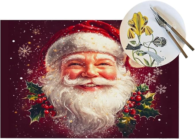 PVC Placemats Set of 1 Wipeable Table Mats Washable Heat Resistant Non Slip Vinyl Dining Table Mat for Kitchen Indoor Outdoor Patio Farmhouse Place Mats Santa Claus Red Xmas Decorative