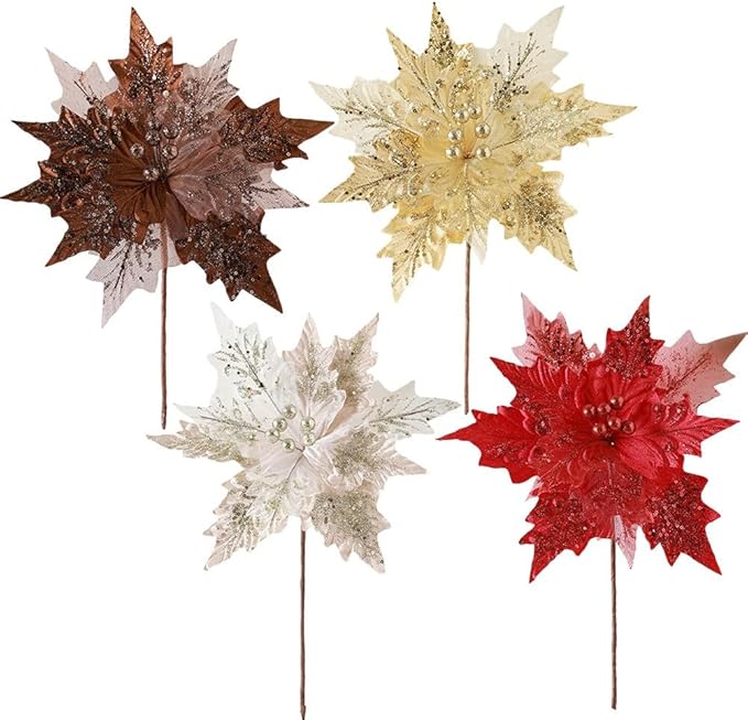 Artificial Flannel Sequin Christmas Flower Ornament, 30x35cm Glitter Holiday Tree Decoration for Wreaths Garlands and Party Arrangements Champagne