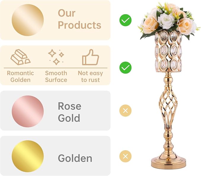 24in Metal Diamond Crystal Wedding Centerpiece Vases for Tables Set of 2, Gold Versatile Tall Flower Holders Centerpiece Flower Stands for Wedding Party Reception Dining Room Living Room Décor