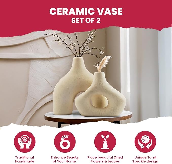 Donut Vase Set of 2, Cream Ceramic Vase for Home Decor, Minimalist Boho Vases for Pampas Grass, Modern Nordic Centerpieces for Living Room, Console Table, and Spring Decor