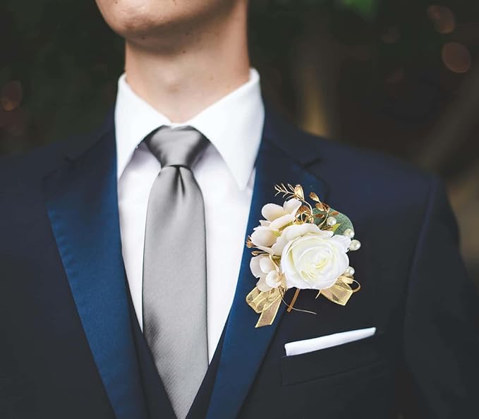 Champagne Boutonniere and Corsage Set - 2Pcs Groom Boutonniere & Wrist Corsage Bracelets for Wedding, Prom and Anniversary,Formal Dinner Party & Ring Bearer & Niece Accessories