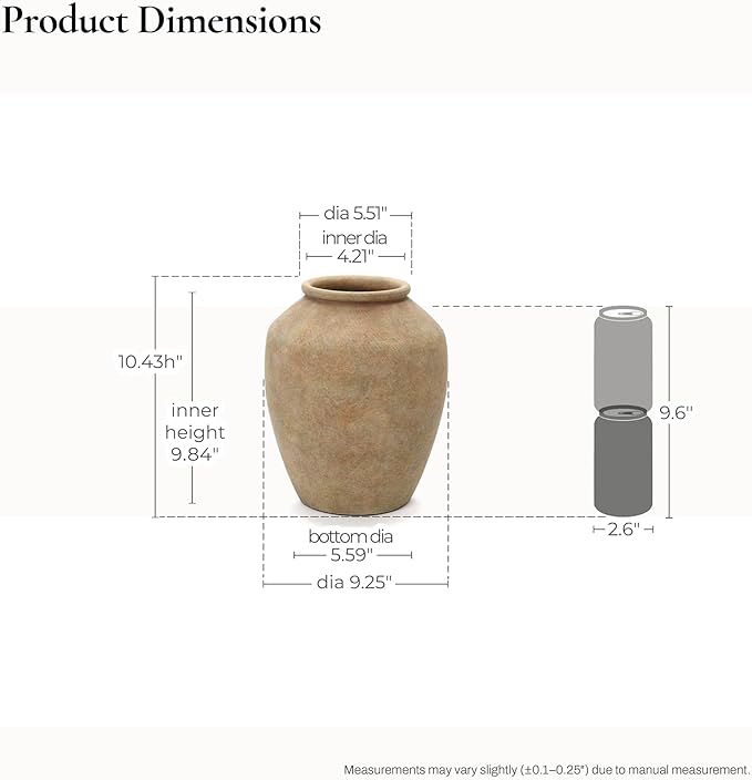 LuxenHome Rustic Ceramic Vase, 10.4" Tall Terracotta Vases with Earthy Brown Tones, Farmhouse Flower Vase for Shelf Living Room Decor, Vintage Pottery for Entry Way Table Home Decor