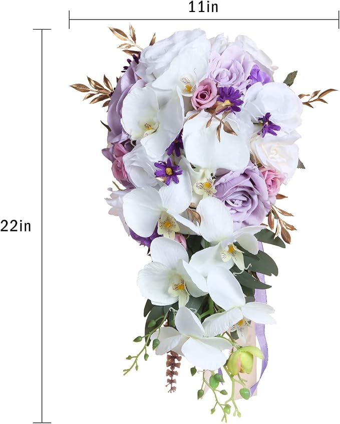 Bridal Bouquets for Bride, 11 Inch Artificial Flowers Bridal Bouquet Cascading Wedding Bouquets for Bride for Wedding Ceremony and Anniversary(White Purple)