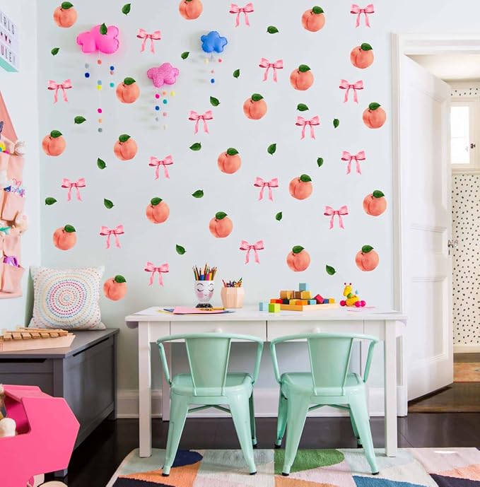 Watercolor Peach Wall Stickers, Peach with Pink Bow Vinyl Wall Decals, Removable Summer Fruit Wall Art for Girls Bedroom Kitchen Toddler Room Decor