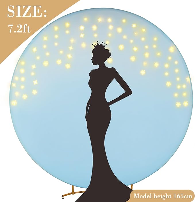 7.2 FT Baby Blue Round Backdrop Cover with Lights String for Circle Arch Stand, Circle Backdrop Covers with LED Fairy Lights for Wedding Baby Shower Boy Birthday Party Photo Shoot Background