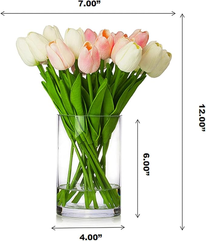 ENOVA FLORAL 20 Heads Real Touch Artificial Tulips Flowers in Vase, Mixed White and Pink Tulips Flower Arrangements with Vase and Faux Water for Home Wedding Decor, Dining Table (White Pink)