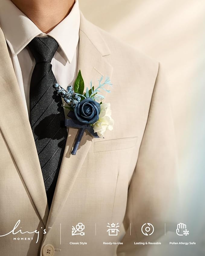 Ling's moment Boutonniere for Men, 6pcs Groom Groomsmen Boutonniere, Artificial Flowers for Wedding Decor/Prom/Homecoming, etc.Dusty Blue Light Blue